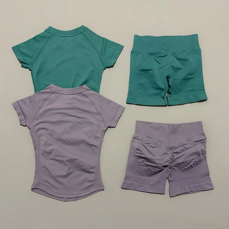 Women Seamless Sports Set With Shorts And Short Sleeve Yoga Top