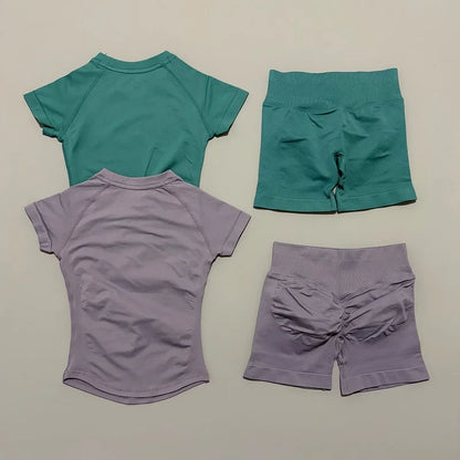 Women Seamless Sports Set With Shorts And Short Sleeve Yoga Top