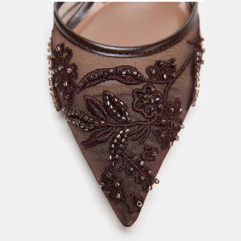 Elegant Mesh Embroidered High Heels With Pointed Toe Luxury Design Features