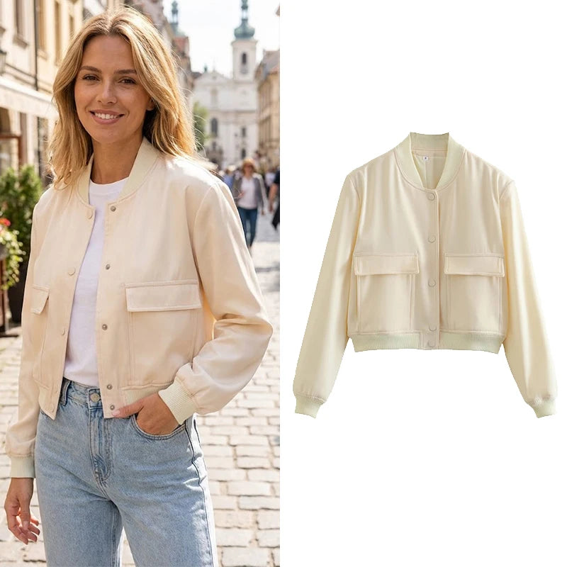 Women's Solid Bomber Jacket With Chic Long Sleeve Fashion Style Design