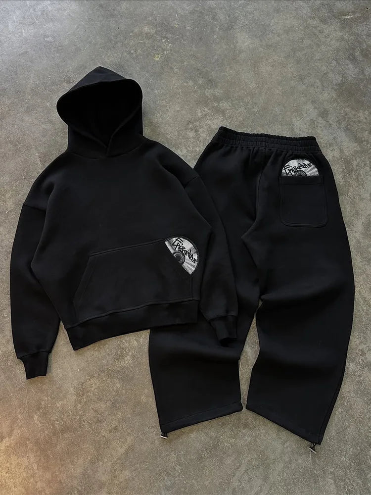 Retro Streetwear Hoodie Sweatpants Set For Men