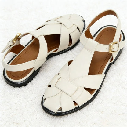 Luxury Flat Gladiator Sandals With Metal Buckle And Ankle Strap Design