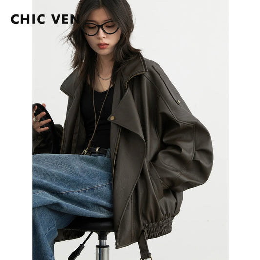 Women's Retro Faux Leather Jacket With Loose Motorcycle Fashion Style Design