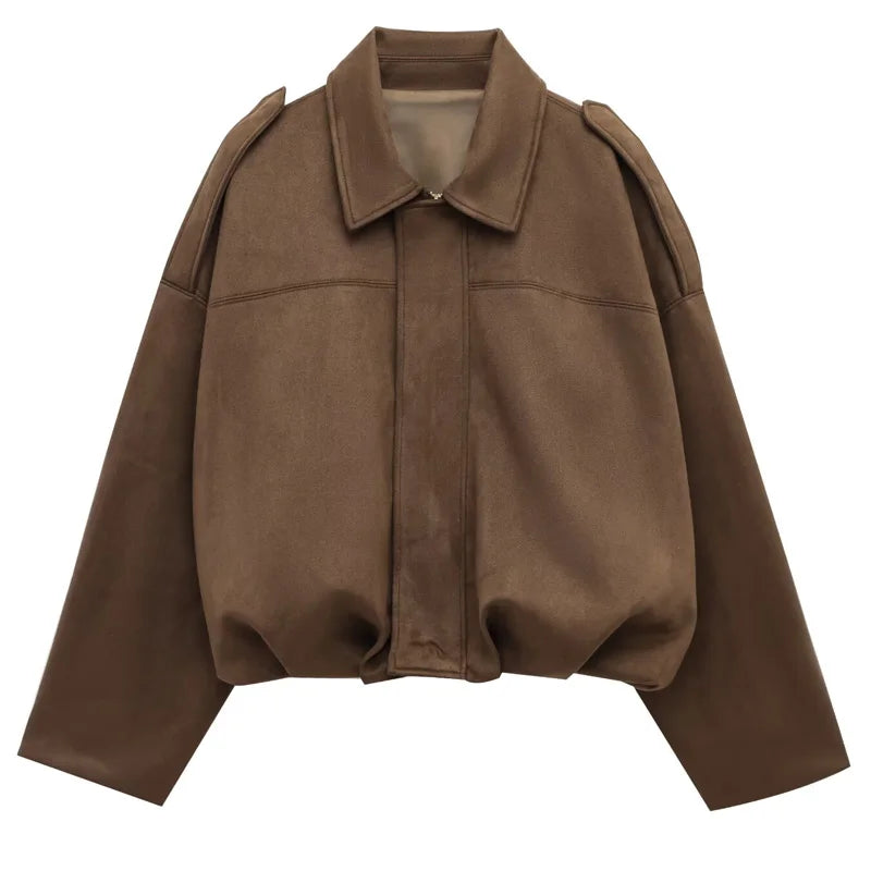 Women's Suede Bomber Jacket With Cropped High Street Fashion Style Design