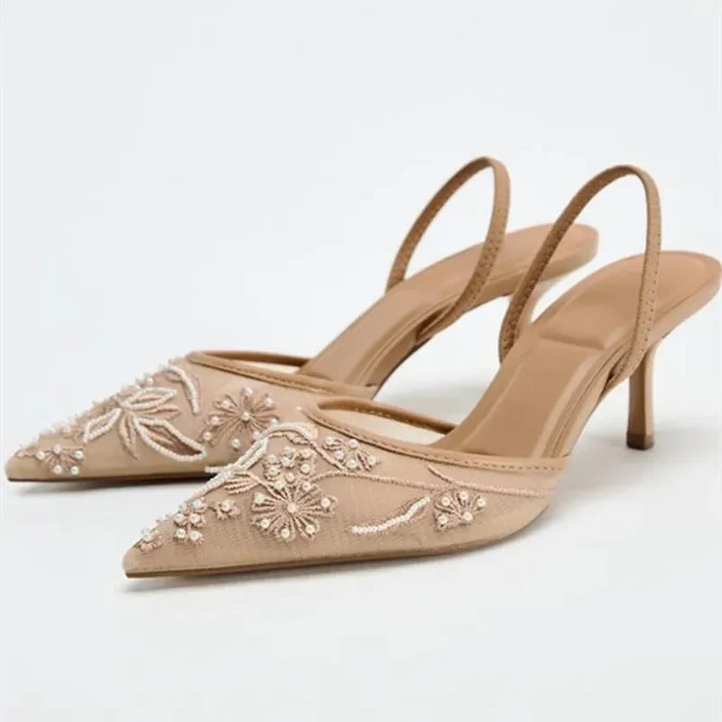 Elegant Mesh Embroidered High Heels With Pointed Toe Luxury Design Features