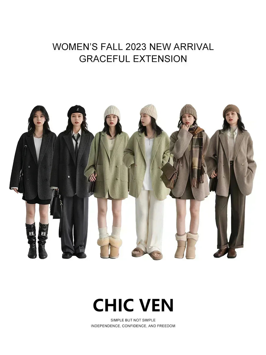 Women's Double Breasted Woolen Coat With Retro Casual Winter Style Design