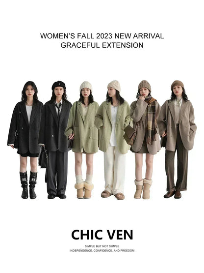 Women's Double Breasted Woolen Coat With Retro Casual Winter Style Design