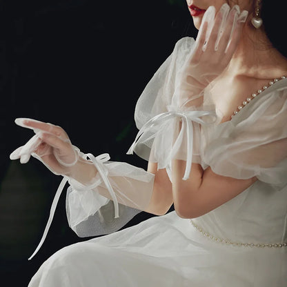 Vintage Wedding Mesh Gloves With Pearl Bow Elegant Bridal Fashion Design
