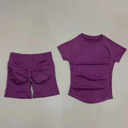Women Seamless Sports Set With Shorts And Short Sleeve Yoga Top