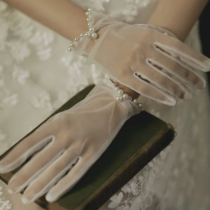 Vintage Wedding Mesh Gloves With Pearl Bow Elegant Bridal Fashion Design