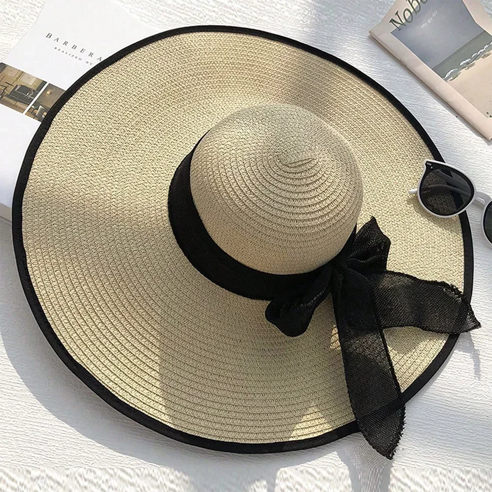 Women's Oversized Straw Beach Hat With Bow Summer Sun Protection Design
