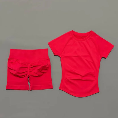 Women Seamless Sports Set With Shorts And Short Sleeve Yoga Top