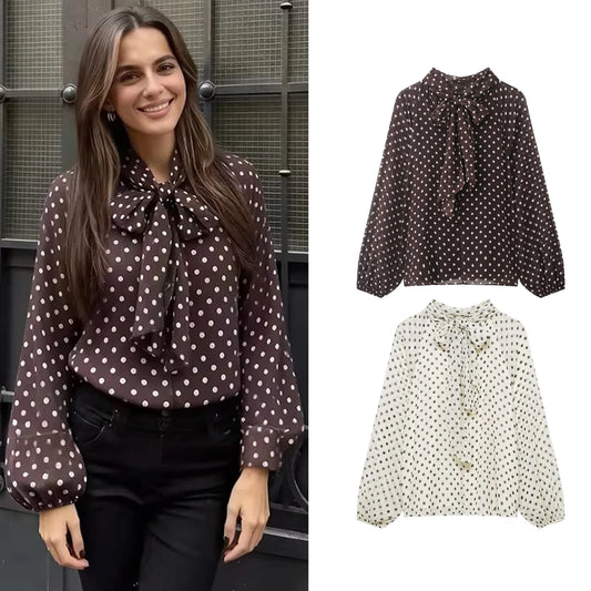 Women's Printed Blouse Shirt With Bow Lace Up Elegant Fashion Design