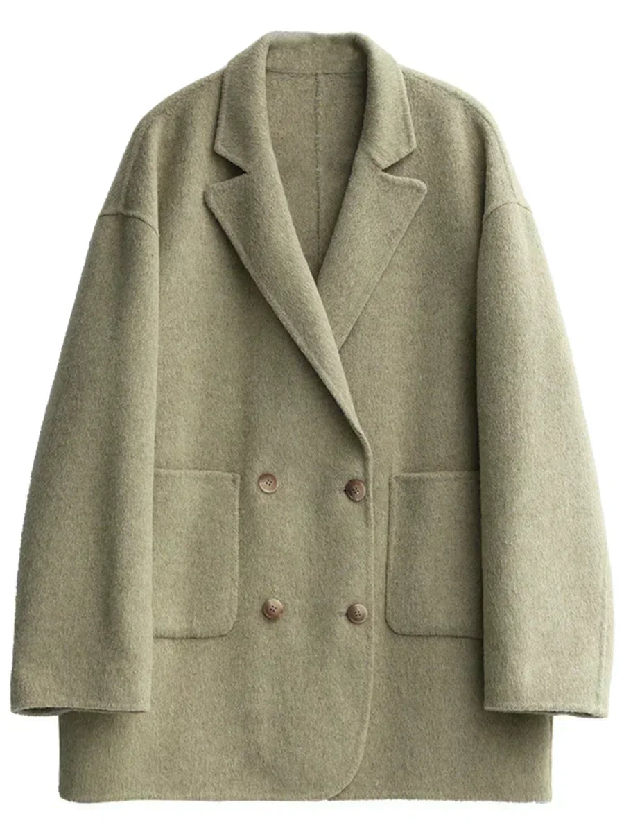 Women's Double Breasted Woolen Coat With Retro Casual Winter Style Design