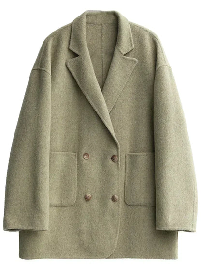 Women's Double Breasted Woolen Coat With Retro Casual Winter Style Design