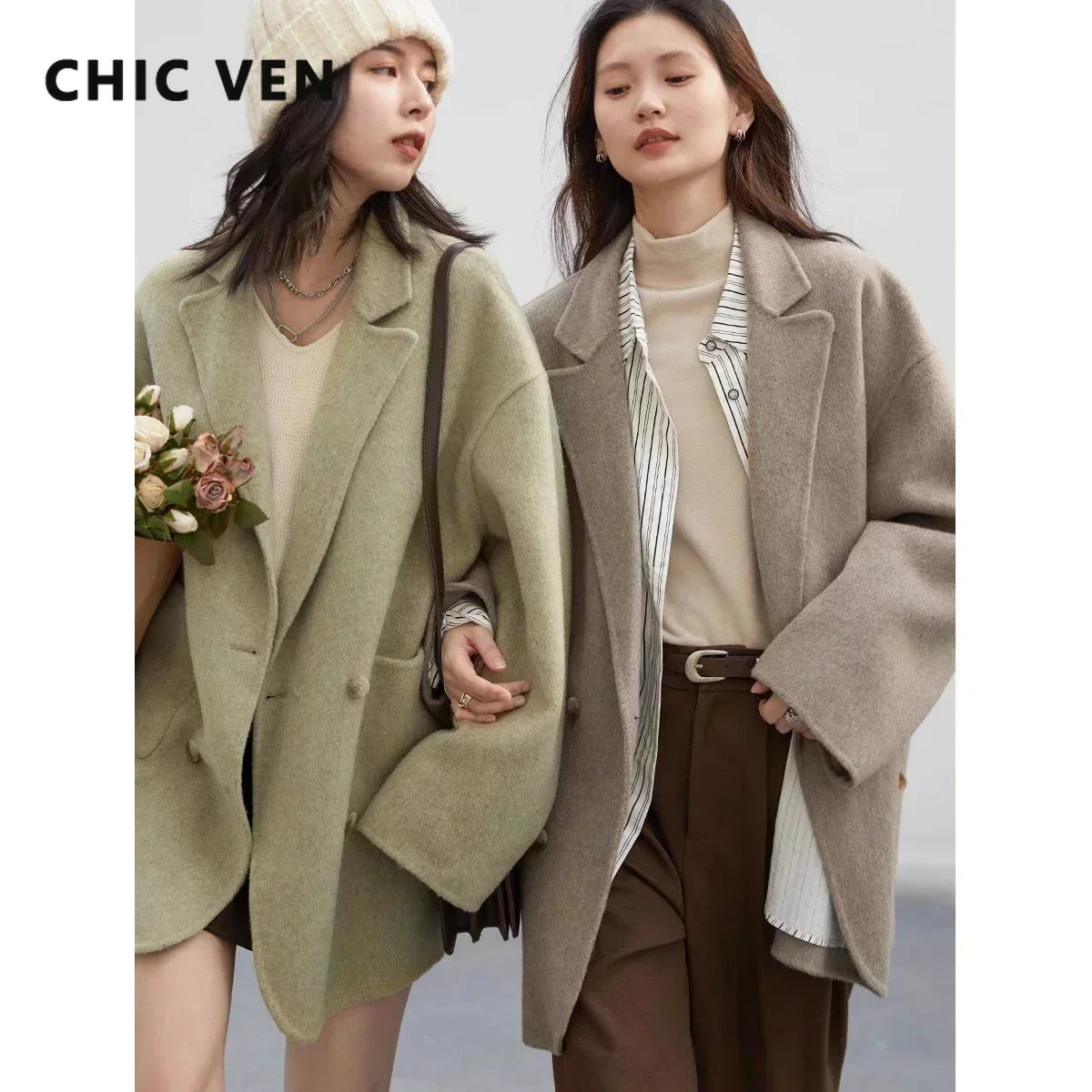 Women's Double Breasted Woolen Coat With Retro Casual Winter Style Design