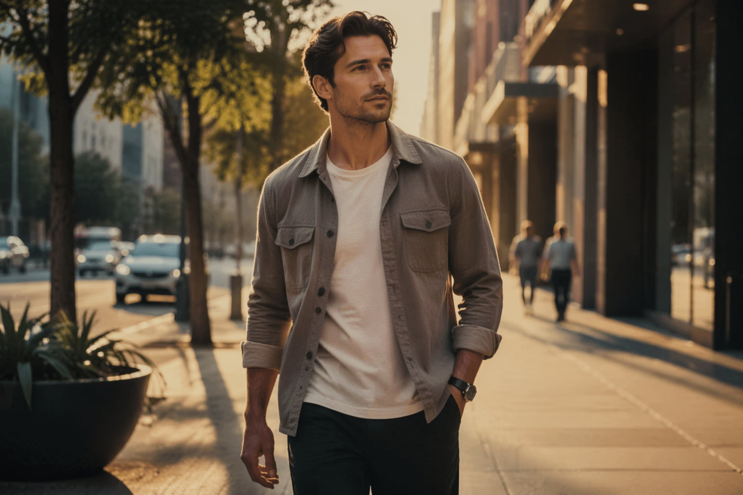 Man walking on a city sidewalk with buildings and trees in the background